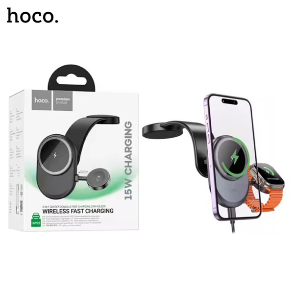 HOCO HW28 2 in 1 Car Center Console Wireless 15W Fast Charging Car Phone Holder - Image 1
