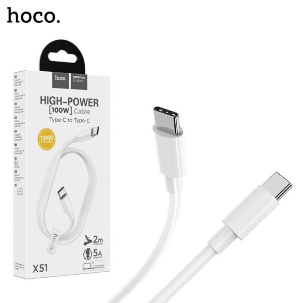 HOCO X51 High-Power Type-C to Type-C 100W Charging Data Cable - WHITE - Image 1