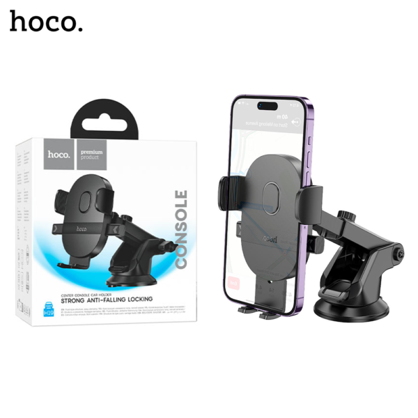 4A Hoco Car holder “H19 Mighty” for dashboard - BLACK HOCO H19 Mighty One-button Center Console Car Holder - BLACK - Image 1