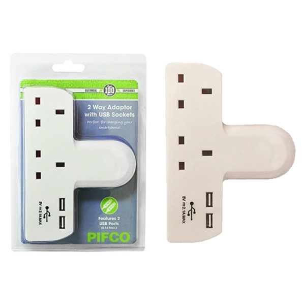 PIFCO T Shape 2 way Adaptor with Dual USB Ports - Image 1